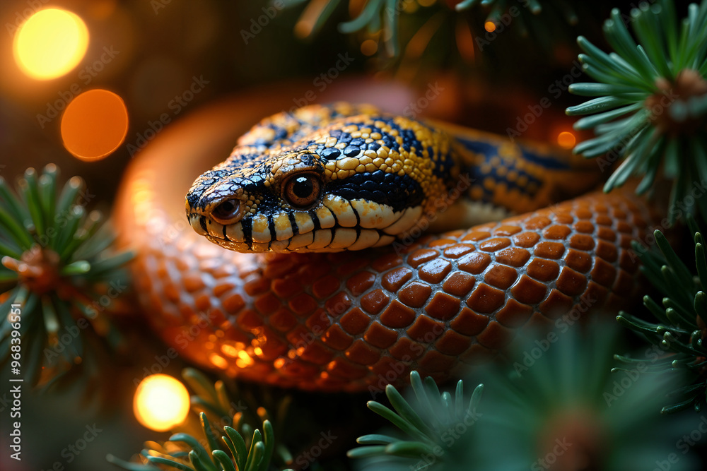 Fototapeta premium Close-up of a snake, specifically a python, coiled up on a branch with pine needles.