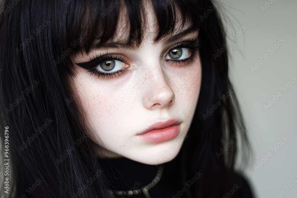 Mysterious young woman with dark hair and piercing eyes Mysterious young woman with dark hair and piercing eyes