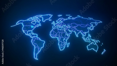 Glowing Minimalistic World Map with Neon-Colored Continent Lines on Dark Blue Background