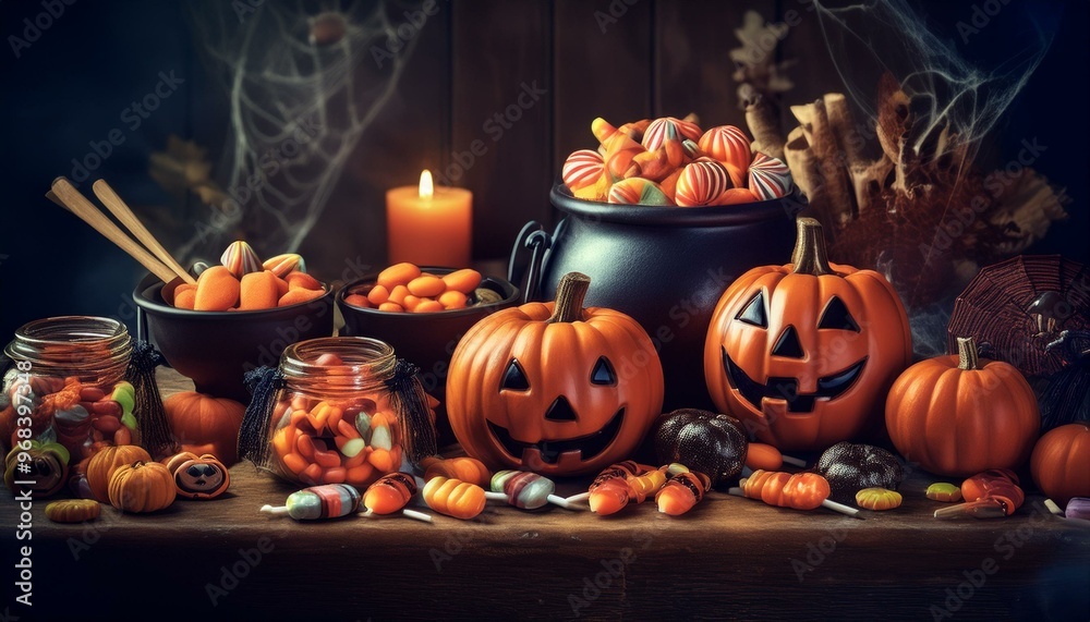 Halloween trick-or-treat festival Skull Candy with jack o'lanterns, cauldrons and broomsticks Halloween trick-or-treat festival Skull Candy with jack o'lanterns, cauldrons and broomsticks