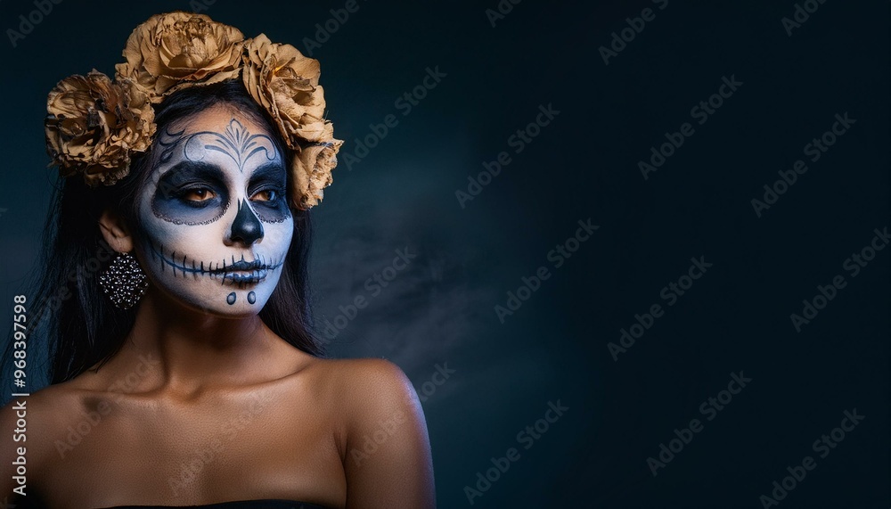 woman day of the dead makeup with flowers and skull, mexico holiday, empty space for text