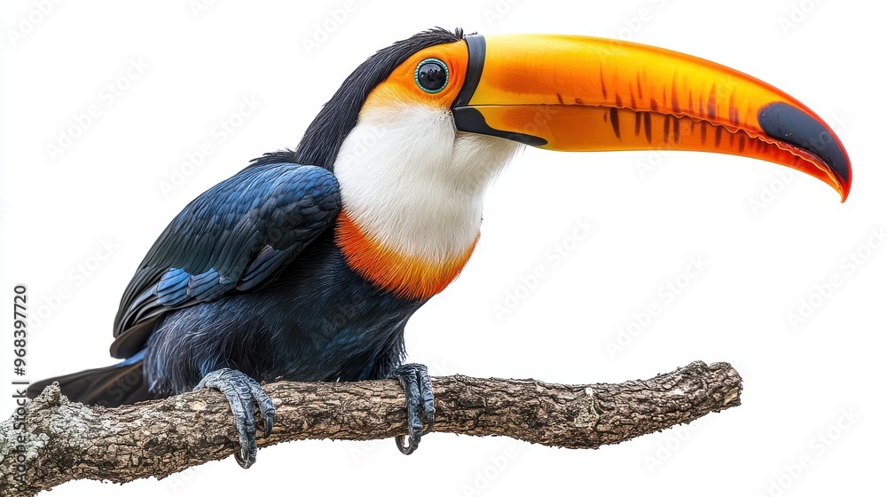 Fototapeta premium A colorful toucan with a large beak, perched on a branch, isolated on white.