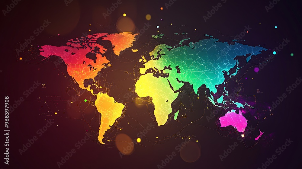 Fototapeta premium Vibrant Global Diversity - Illuminated World Map with Colorful Continents in Golden Hour Light