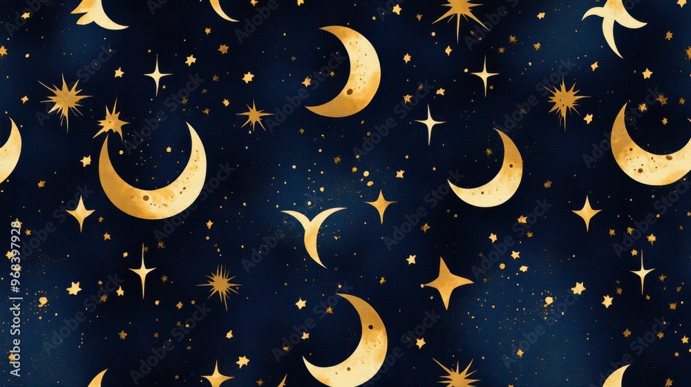 Seamless pattern of repeating stars and moons in dark blue and gold tones, creating a celestial design. Seamless pattern of repeating stars and moons in dark blue and gold tones, creating a celestial design.