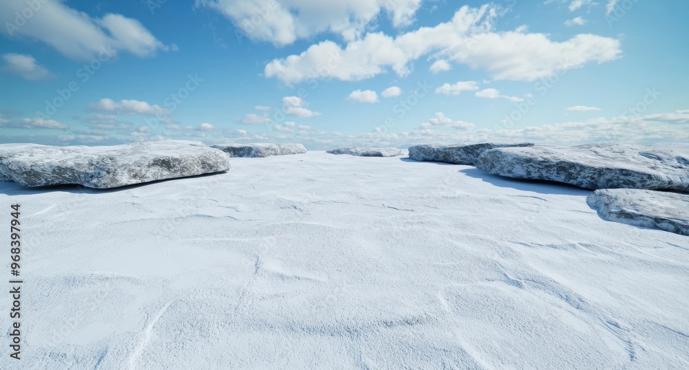 Snowy winter landscape with frozen lake and mountains Snowy winter landscape with frozen lake and mountains