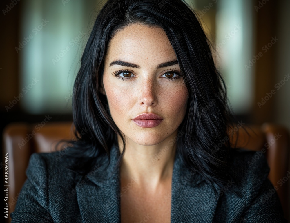 Serious woman with dark hair and makeup Serious woman with dark hair and makeup