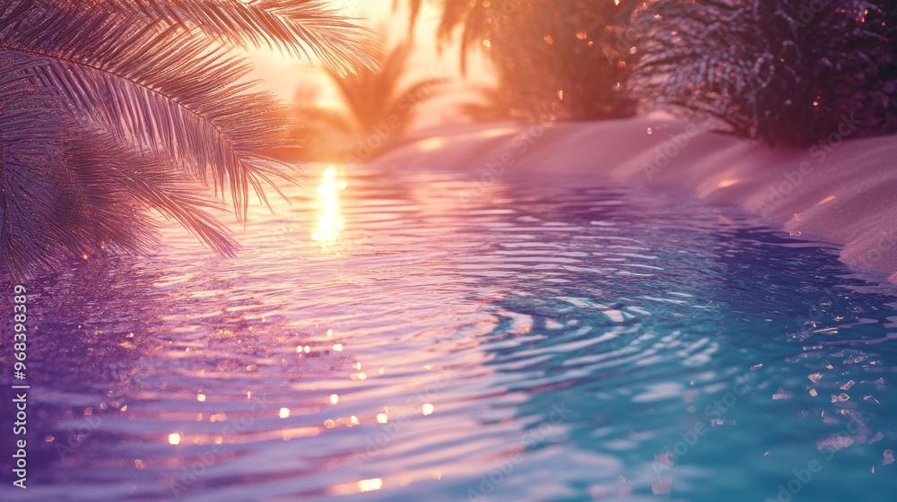 Sunset Reflection on a Still Water Surface with Palm Fronds Sunset Reflection on a Still Water Surface with Palm Fronds
