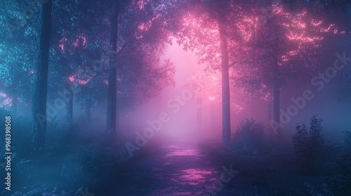 A Misty Forest Path Lit by Glowing Pink and Blue Light