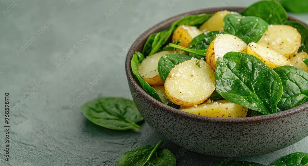 Fresh spinach and roasted potatoes in a bowl Fresh spinach and roasted potatoes in a bowl