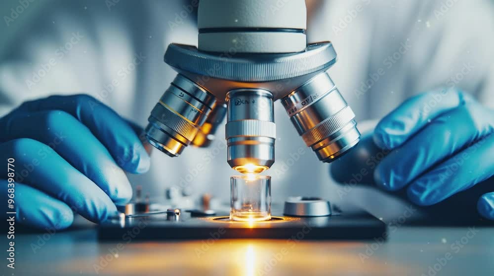 A scientist is wearing latex gloves and examine bacteria using microscope in the laboratory. Video footage for learning biology, science, education. A scientist is wearing latex gloves and examine bacteria using microscope in the laboratory. Video footage for learning biology, science, education.