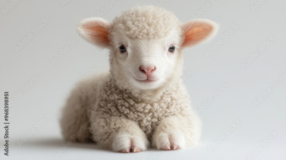 A newborn lamb, with its wooly coat, standing on a white background, looking directly at the camera. A newborn lamb, with its wooly coat, standing on a white background, looking directly at the camera.