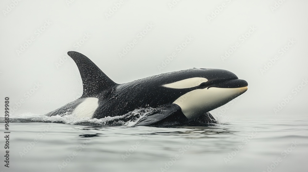 Fototapeta premium A side view of an orca gliding through the water, isolated on a white background.