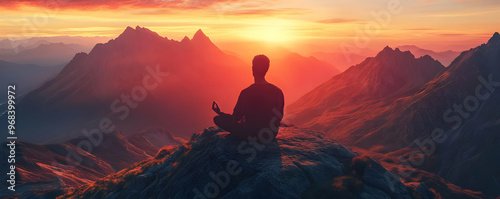 Meditation Illustration - Man Meditating on Mountain Peak at Sunset