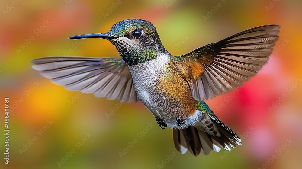 Fototapeta premium A small hummingbird with iridescent green feathers, hovering in front of a white background.