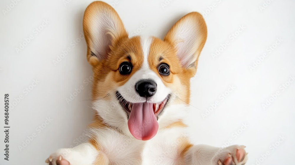 Cheerful Welsh Corgi Puppy Playfully Resting on Back, Stick-Out Tongue, Cute Expression, Top-Down View on White Background Cheerful Welsh Corgi Puppy Playfully Resting on Back, Stick-Out Tongue, Cute Expression, Top-Down View on White Background