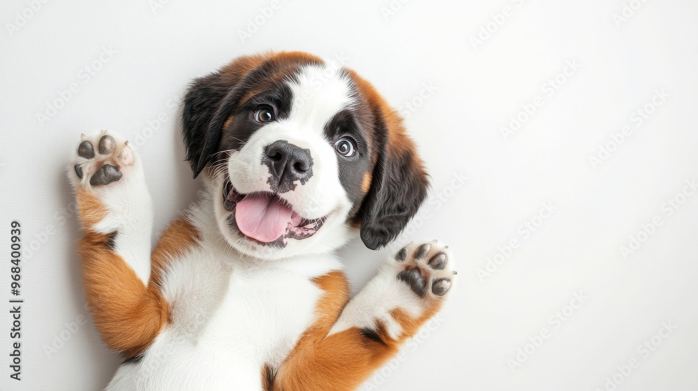 Playful St. Bernard Puppy with Cute Expression Lying on Back on White Background