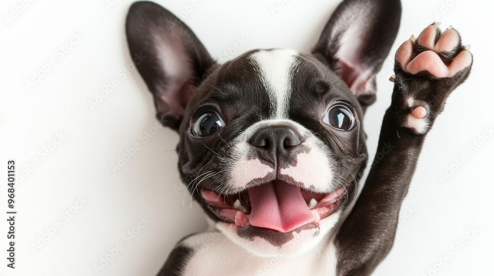Playful Boston Terrier Puppy Lying on Back with Wide Eyes and Tongue Out on White Background Playful Boston Terrier Puppy Lying on Back with Wide Eyes and Tongue Out on White Background