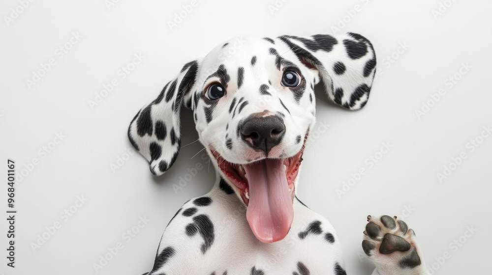 Playful Dalmatian Puppy with Funny Expression Lying on its Back on White Background Playful Dalmatian Puppy with Funny Expression Lying on its Back on White Background