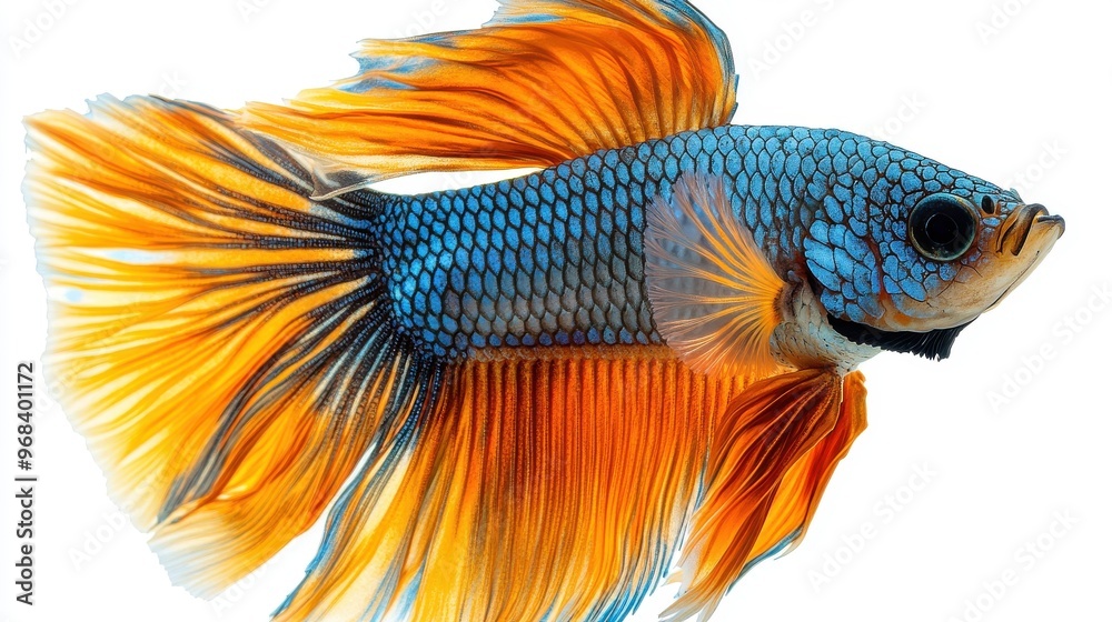 Fototapeta premium A vibrant betta fish with flowing fins, isolated on a white background.