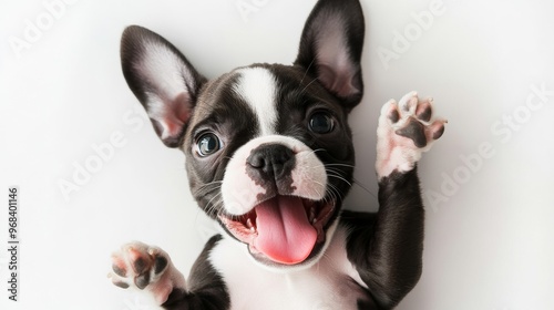 Adorable Boston Terrier Puppy Playing on Back with Tongue Out | Cute Pet Portrait on White Background