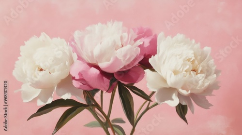 Peony flowers bouquet on pink background, elegant botanical art. Romantic nature and floral design concept