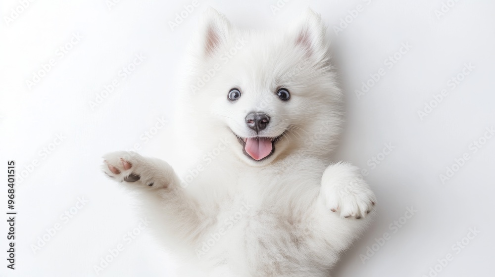 Playful Samoyed Puppy Relaxing on Back with Tongue Out - Top-Down View on White Background Playful Samoyed Puppy Relaxing on Back with Tongue Out - Top-Down View on White Background