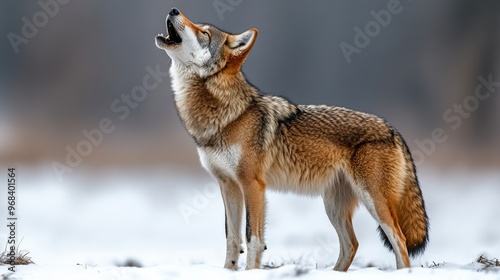 A wolf howling at the sky, standing on a white background. photo