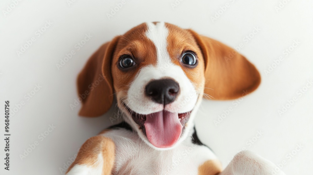 Playful Beagle Puppy with Funny Expression Lying on Back - Top-Down View on White Background Playful Beagle Puppy with Funny Expression Lying on Back - Top-Down View on White Background