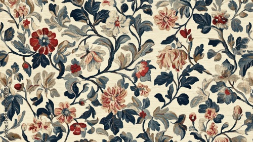 Vintage tapestry pattern with intricate floral and vine motifs in muted tones.