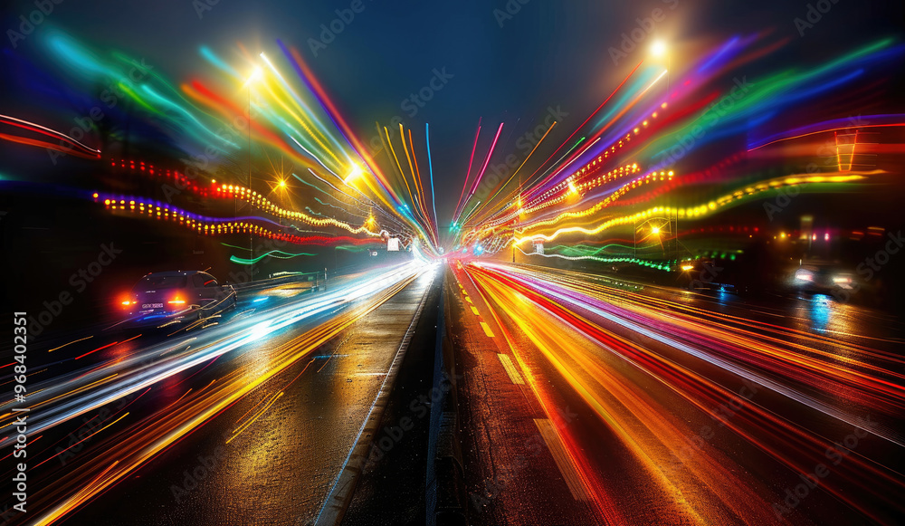 Fototapeta premium Dynamic Blurred Light Trails on Road: Speed and Motion Advertisement