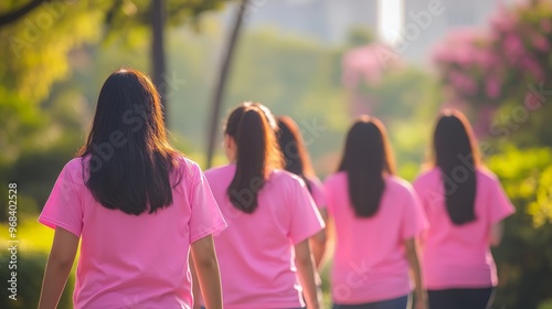 Group of women wearing pink shirts walking