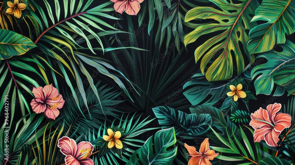 Fototapeta Tropical Green Leaves with Bright Flowers