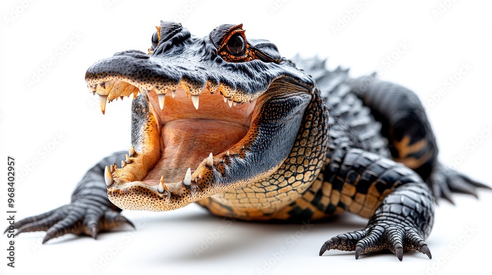 Fototapeta premium Alligator mid-roar with its mouth open wide on a white background, capturing its ferocity