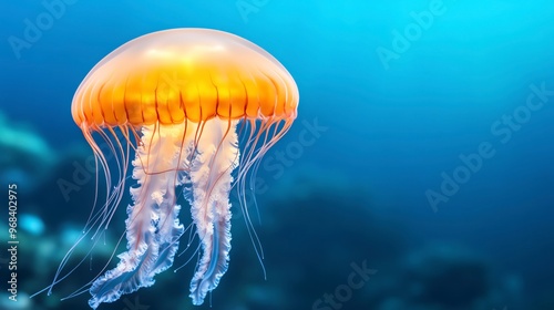 Pacific Sea Nettle jellyfish drifting through a vibrant coral reef, its long, flowing tentacles trailing in the water, Pacific Sea Nettle, venomous marine jellyfish photo