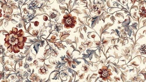 Vintage tapestry pattern with intricate floral and vine motifs in muted tones.