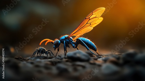 Tarantula Hawk Wasp hovering over a tarantula in a forest floor, its vibrant blue body contrasted with orange wings, Tarantula Hawk Wasp, powerful insect predator photo