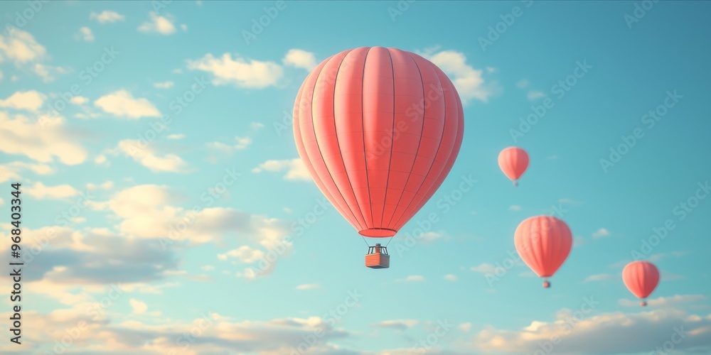 Dreamy sky with red hot air balloons floating among soft clouds at sunrise
