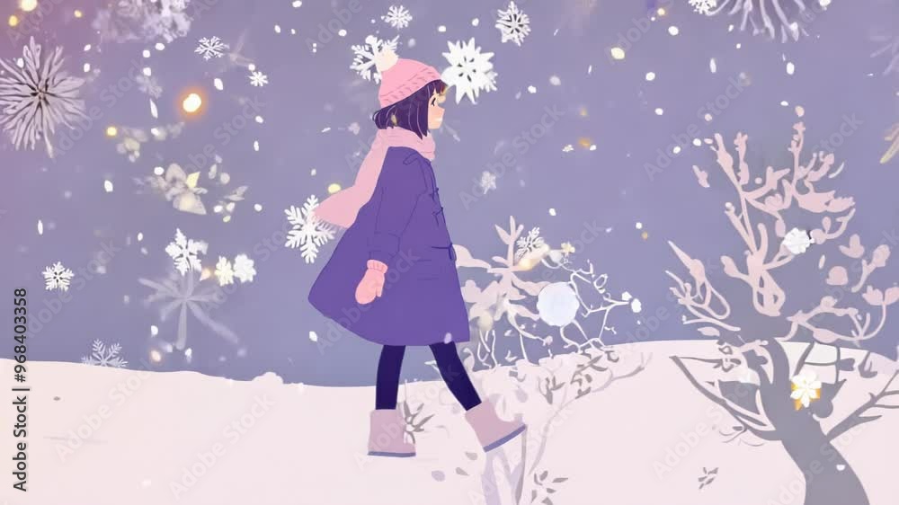 Snowy landscape with purple sky. Lone figure in coat and hat walks through gentle snowfall. White ground and stylized snowflakes create serene winter scene. Snowy landscape with purple sky. Lone figure in coat and hat walks through gentle snowfall. White ground and stylized snowflakes create serene winter scene.
