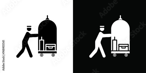 Bellboy with luggage cart icon Thin line flat illustration