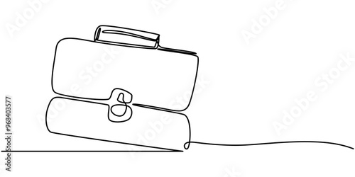 Briefcase as one line continuous outline vector illustration. Line art business briefcase isolated on white background  in minimal style, Briefcase Continuous Line Illustration, Single continuous line