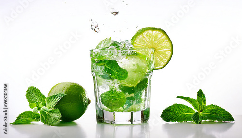 爽やかなモヒート, フレッシュミントとライムのカクテル, 背景白