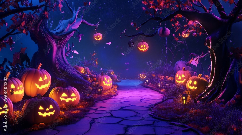 Enchanting Claymation Halloween Scene with Glowing Pumpkins on Winding Path Enchanting Claymation Halloween Scene with Glowing Pumpkins on Winding Path