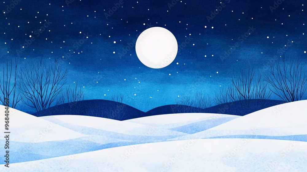 Fototapeta premium Serene winter night with a full moon illuminating a snowy landscape.