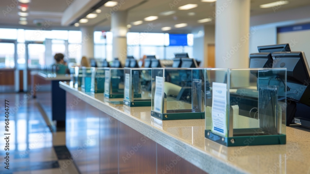 Fototapeta premium Deposit Slip Holders: Containers or stands that hold deposit and withdrawal slips, provided for customers to complete before visiting the teller counter. 