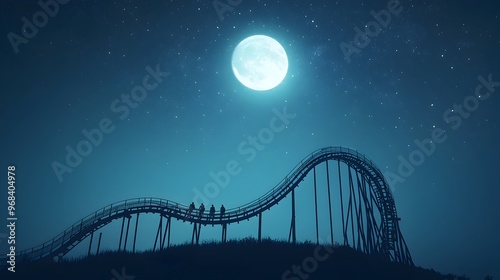 Silhouetted Roller Coaster Curves Under Moonlit Sky