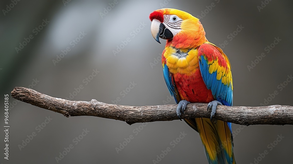 Fototapeta premium Brightly colored parrot perched on a branch on a white background