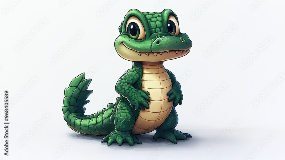 Fototapeta premium Cartoon alligator mascot standing confidently on a white background, ready for action