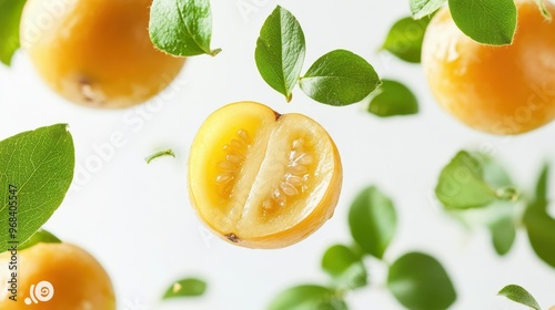 Cape Gooseberry with half slices falling or floating in the air with green leaves isolated on a white background. photo