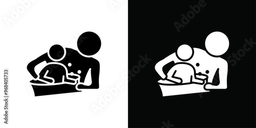 Mother washing baby in bath tub icon Thin line flat illustration