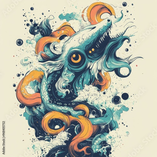 A vibrant illustration of a mythical sea creature entwined with waves and colorful elements.